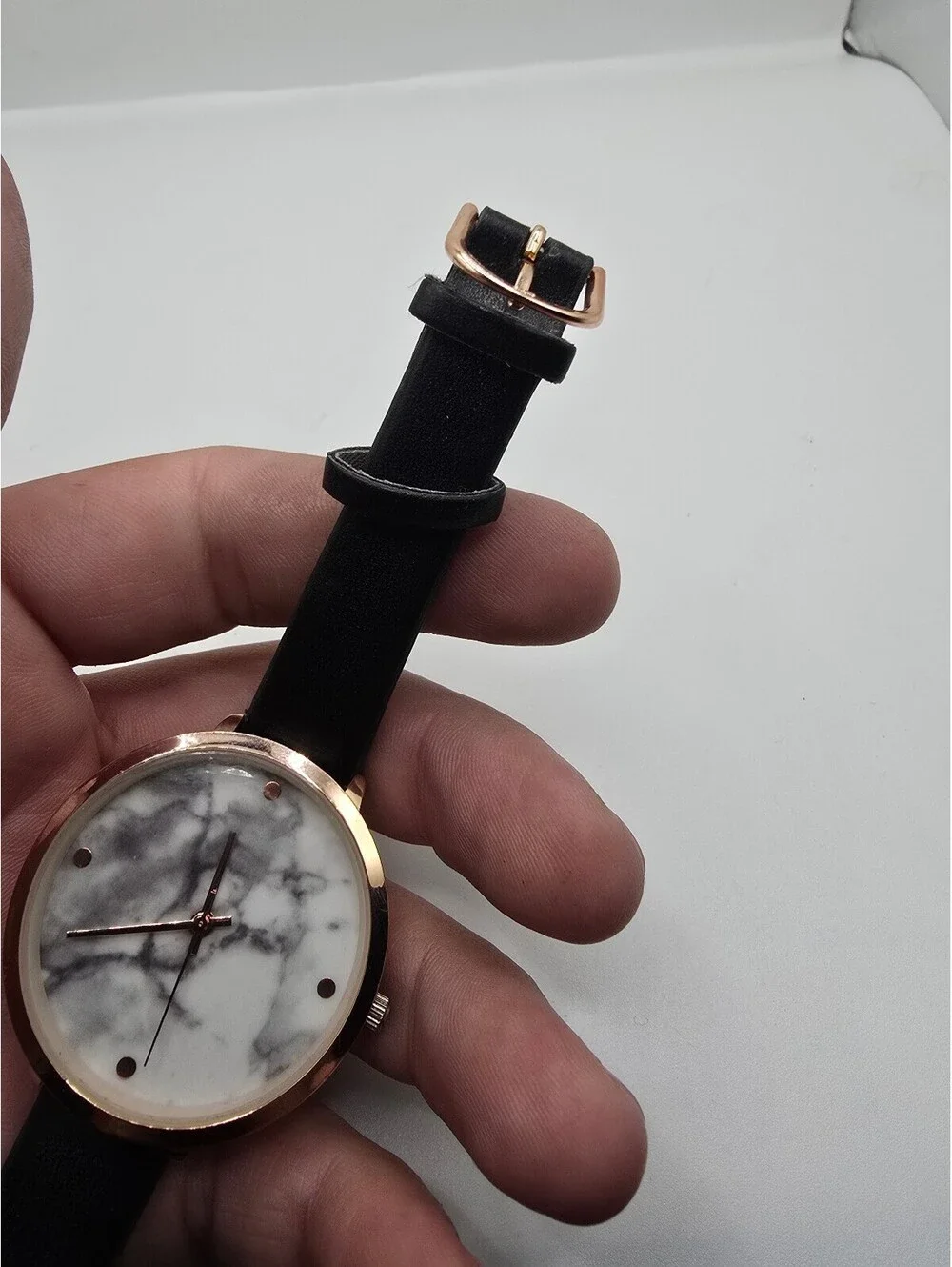 Accutime Quartz Analog Watch Marble Dial Rose Gold Tone Black Faux Leather Strap